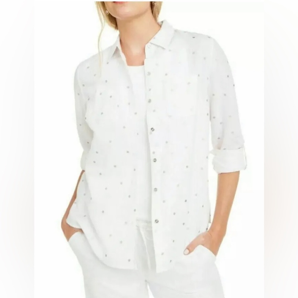 NWT Charter Club Women’s Large White Foil-Dot Linen Button Up Shirt